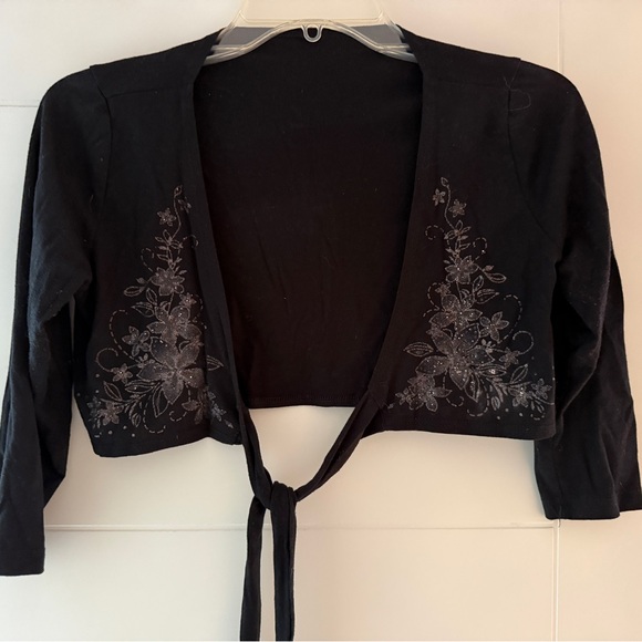 Sweaters - Black Floral Embellished Tie-Front Bolero